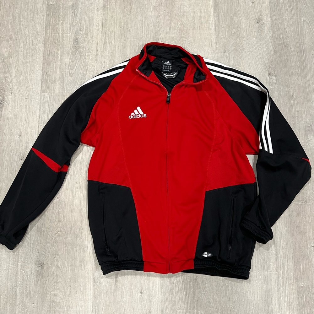 Adidas Black Red Track Jacket Long Sleeve Full Zip Three Stripe
